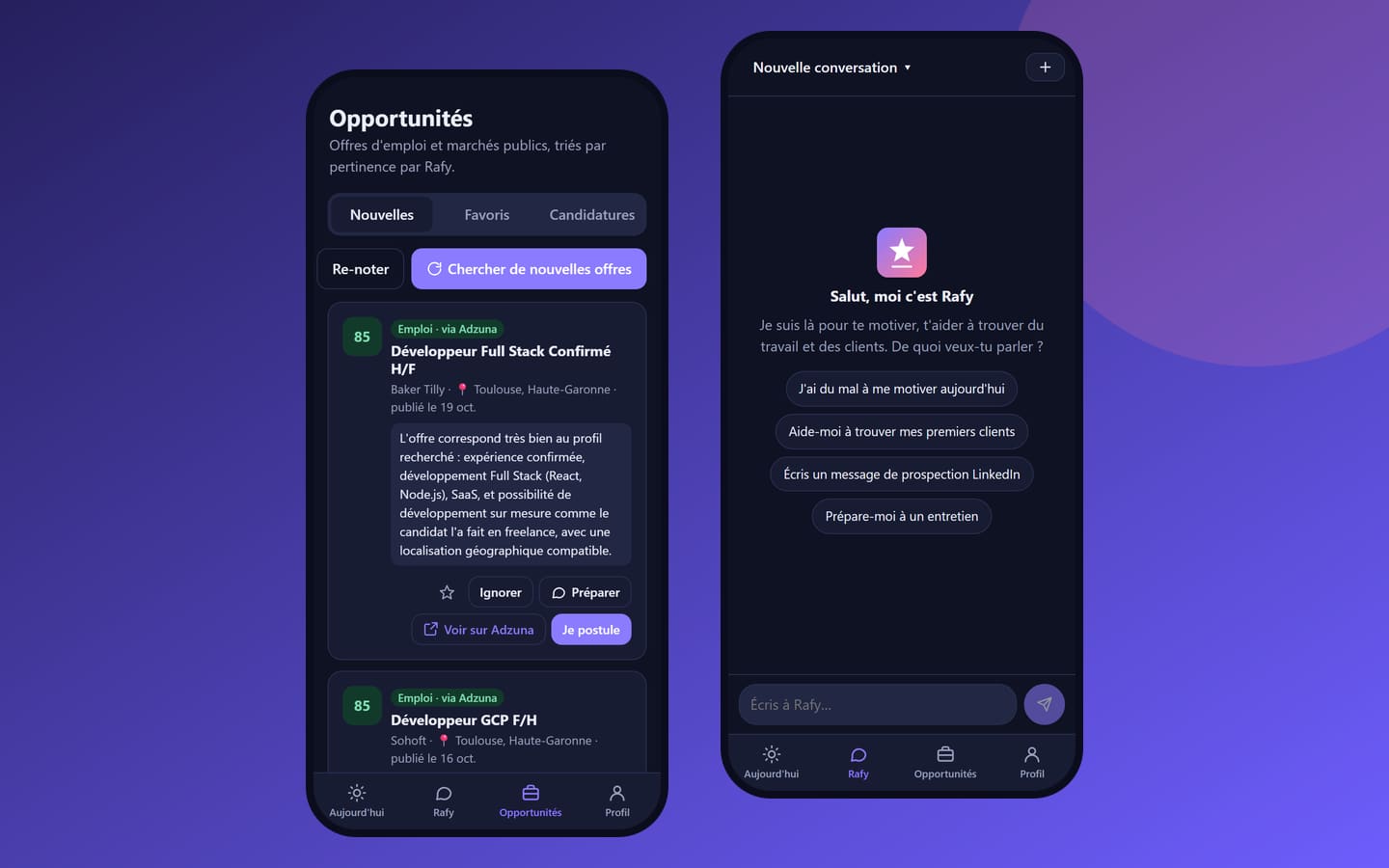 Deux écrans de l’application Rafy sur mobile : les offres notées par l’IA et l’accueil de l’assistant